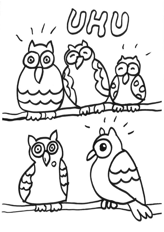 Dibujo para colorear de cinco búhos