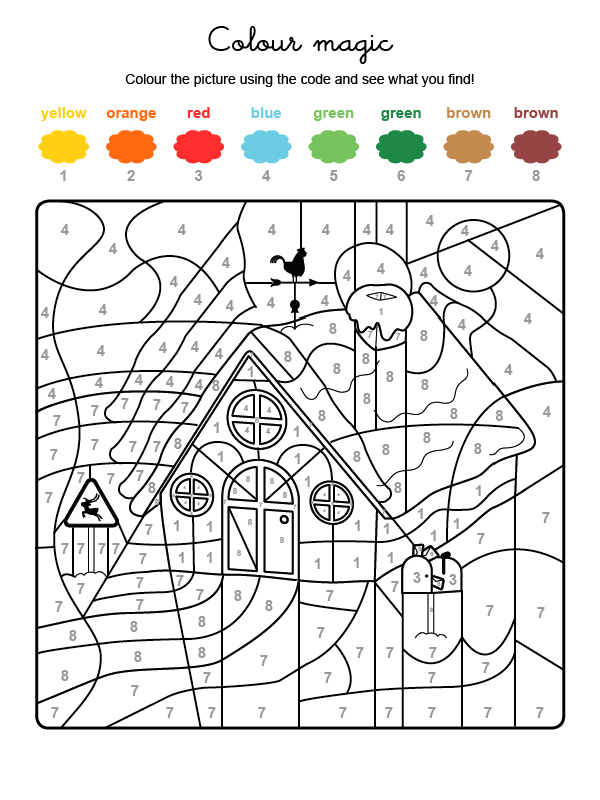 Dibujo mágico para colorear en inglés de la casa de Papá Noel