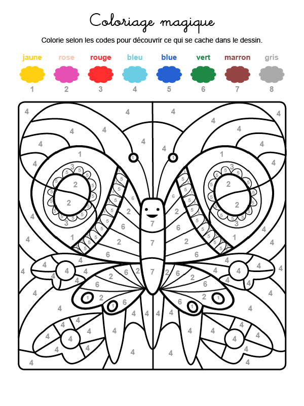 Dibujo mágico para colorear en francés de una mariposa de colores