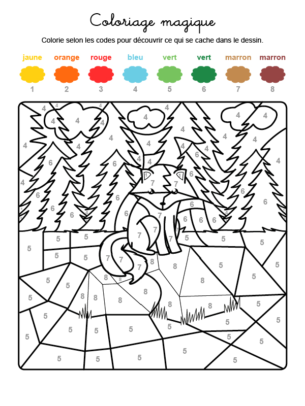 Dibujo mágico para colorear en francés de un zorro en el campo