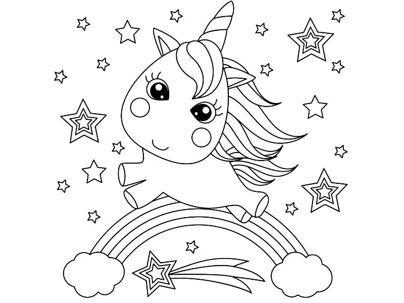 Dibujo de un bebé unicornio sobre un arcoiris para pintar