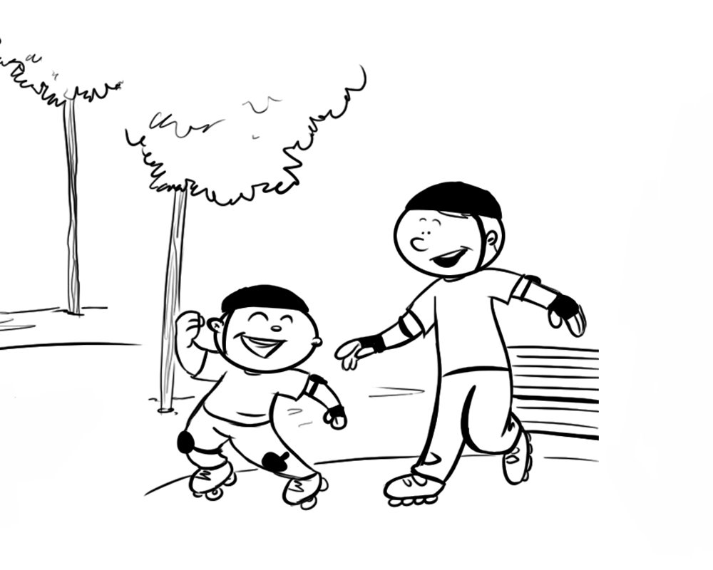Niño patinando con su papá. Dibujo para colorear
