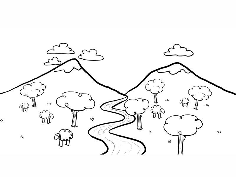 Dibujo para pintar un paisaje con río, imagen de naturaleza para niños