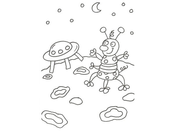Dibujo de un marciano y su nave espacial para pintar con niños