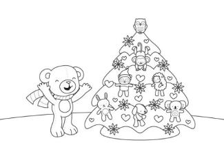 Un osito y su árbol de Navidad: dibujo para colorear e imprimir