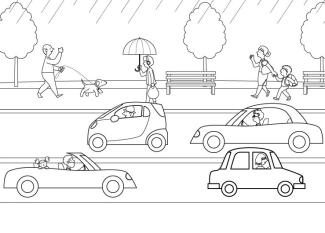Lluvia sobre los coches: dibujo para colorear e impirmir
