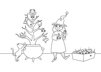 Árbol de Navidad de la bruja: dibujo para colorear e imprimir