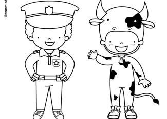 Dibujo de Carnaval de vaca y policía para pintar con niños