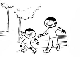 Niño patinando con su papá. Dibujo para colorear