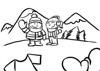 Niños en la montaña para colorear. Dibujos de invierno