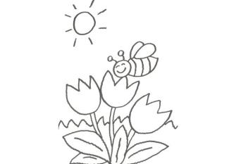 Dibujo de una abeja sobre un tulipán para que pinten los niños