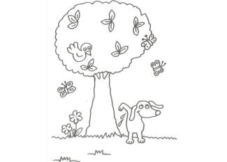 Dibujo para niños de un perro con árboles y mariposas para pintar