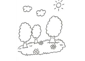 Dibujo de un árbol y flores del campo para que pinten los niños